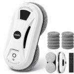 Wit robot window cleaner met grijze pads, 10 extra grijze pads, 2 reinigingsringen en afstandsbediening.