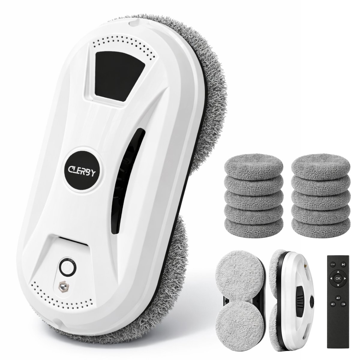 Wit robot window cleaner met grijze pads, 10 extra grijze pads, 2 reinigingsringen en afstandsbediening.