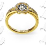 Gouden ring met een ronde halo van diamanten, met een grote centrale diamant. Omringd door doorzichtige ringverkleiners.