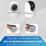 Twee witte babyfoons, een met zwarte lens en antenne, de ander met een gebogen antenne. Onderin de bodems van de babyfoons.