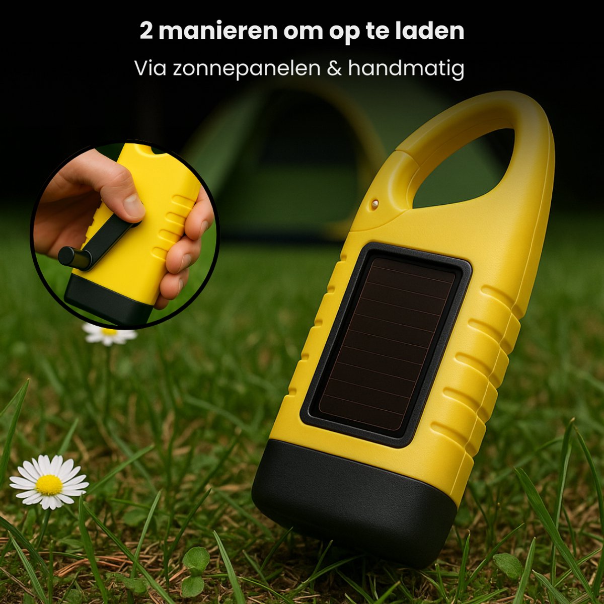 Gele zaklamp met zonnepaneel in gras, met detail van de handmatige oplaadfunctie.