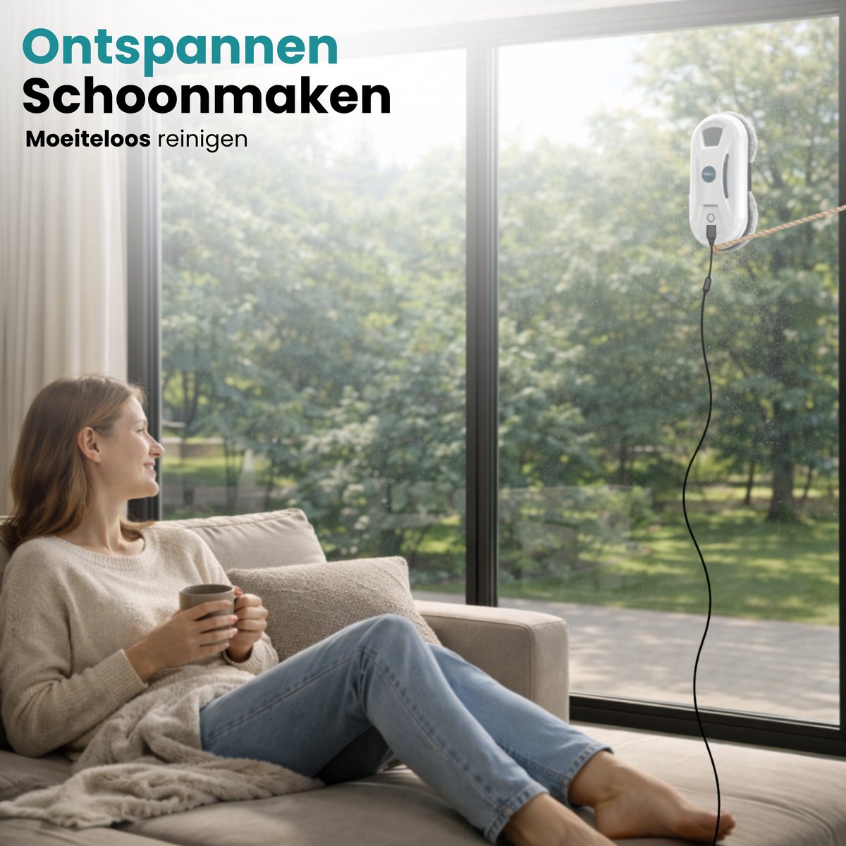 Wit robot window cleaner apparaat op een raam, een vrouw zit op een bank met een kopje.