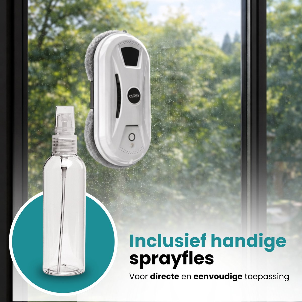 Wit robot window cleaner apparaat op een raam, met een spuitfles ernaast. "Inclusief handige sprayfles".