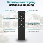 Zwarte afstandsbediening voor robot window cleaner met labels: "Machine stoppen", "Machine hervatten", "Handmatige bediening", "OK", "Automatische reiniging van beneden naar boven", "Automatische reiniging van rechts naar links", "Automatische reiniging van links naar rechts".