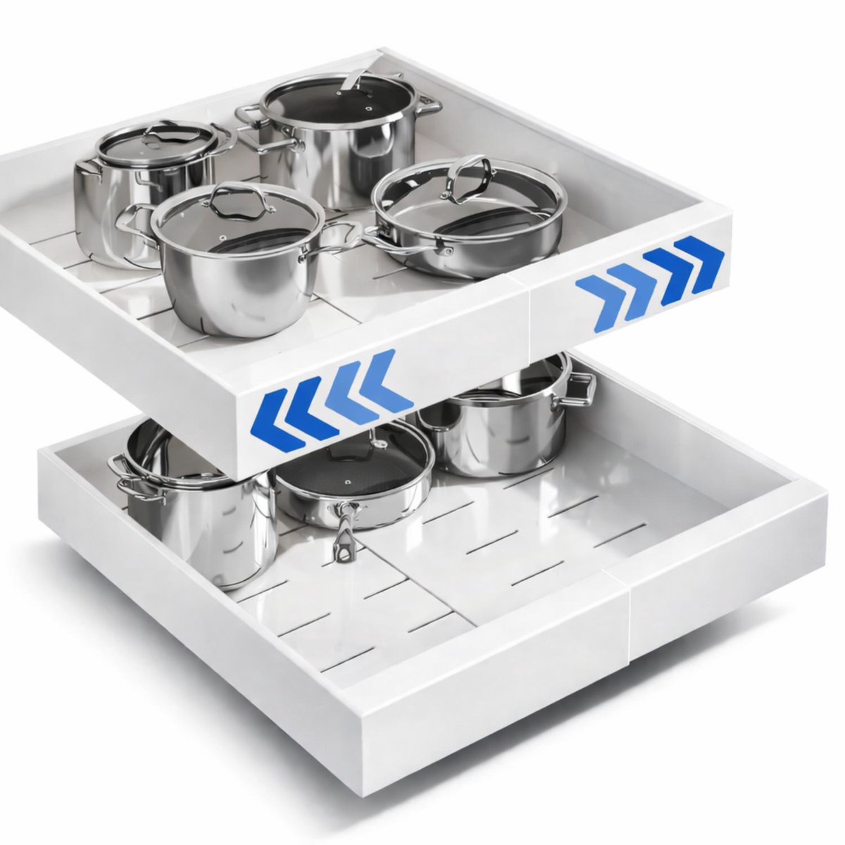 Twee witte schuiflades met kookpotten en blauwe pijlen