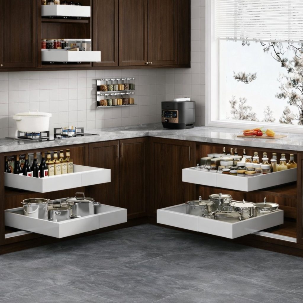 Moderne keuken met Clerby schuiflades gevuld met kruiden, flessen en kookgerei