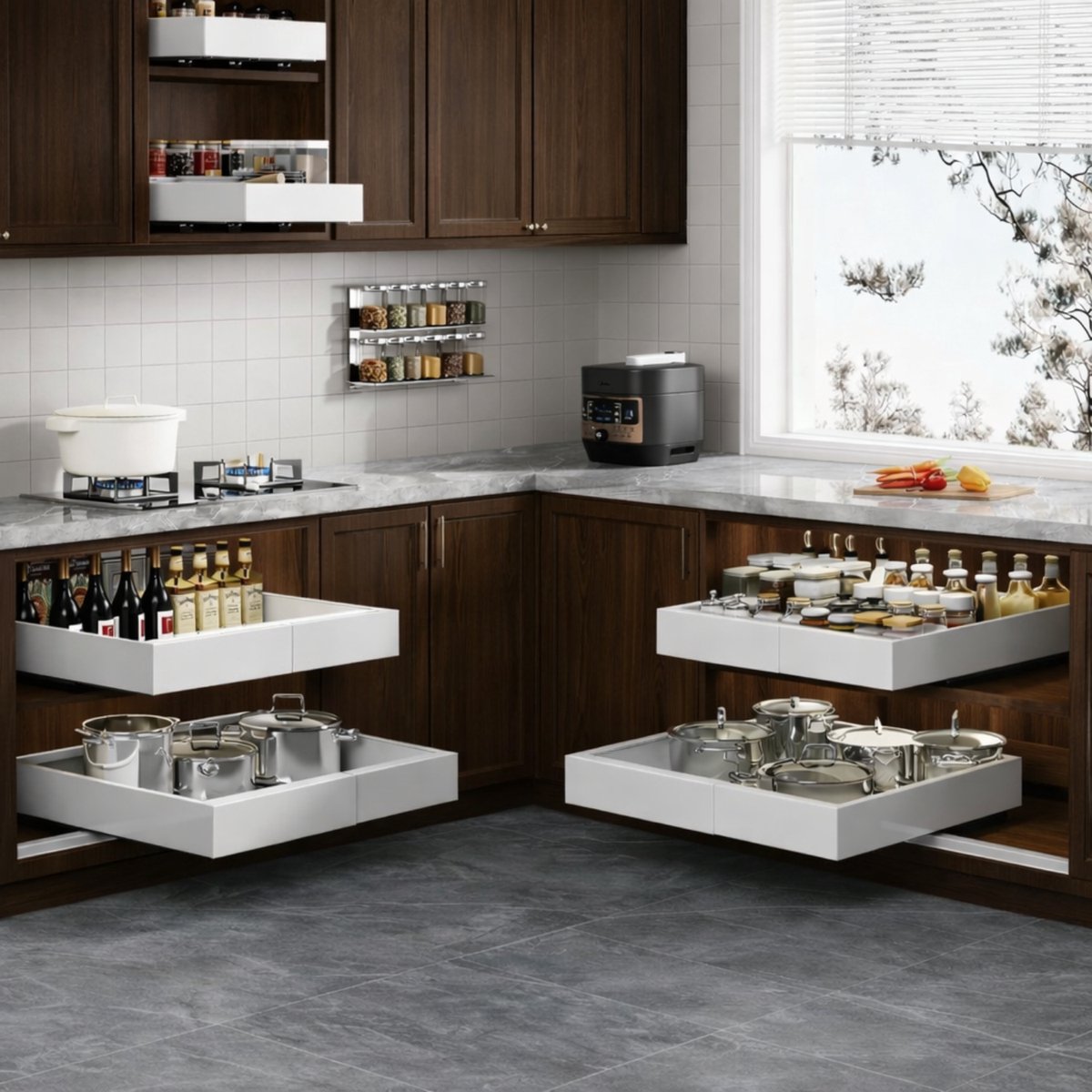 Moderne keuken met Clerby schuiflades gevuld met kruiden, flessen en kookgerei