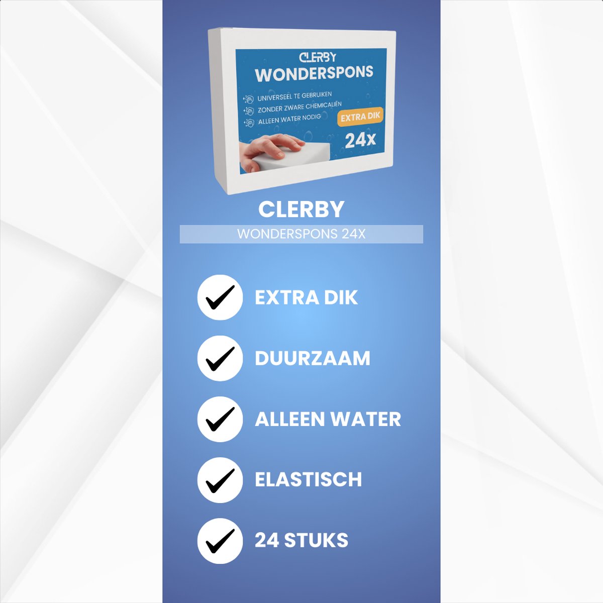 Verpakking van 24 extra dikke, duurzame, elastische Clerby Wondersponsjes, die met alleen water gebruikt kunnen worden.