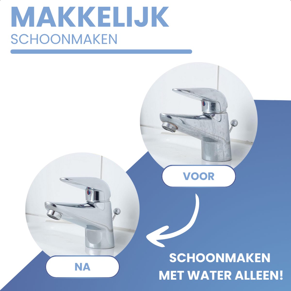 Voor en na foto van een kraan, schoongemaakt met de wonderspons met alleen water.