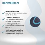 Kenmerken: Elastisch, ademend, zacht, optimale ondersteuning. Zwarte arm brace met blauw patroon.