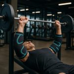 Man in sportschool tilt barbell, draagt zwarte arm braces met blauwe golvende lijnen.