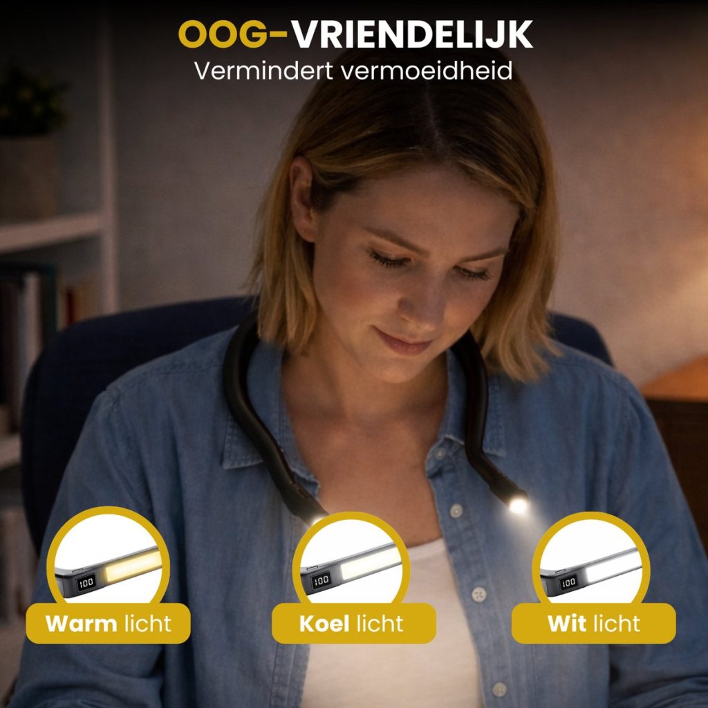 Vrouw met jeans draagt zwarte nek lamp met warm, koel en wit licht opties.