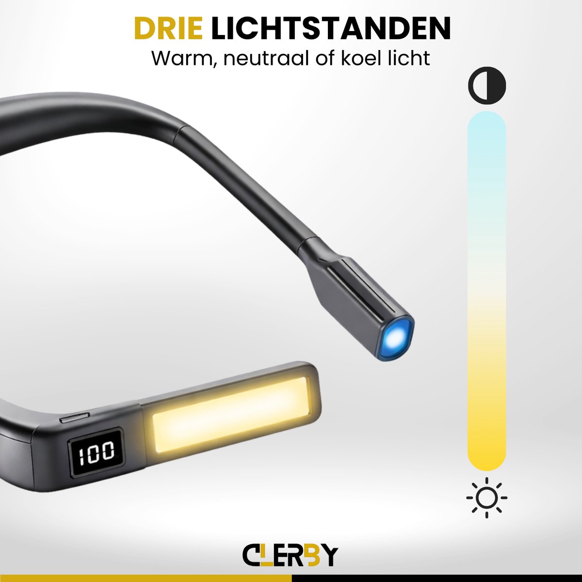 Zwarte nek leeslamp met flexibele arm, warm en koel licht instelbaar, batterij display met 100.