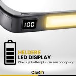 Close-up van een zwarte nek lamp met een helder LED display dat 100 aangeeft.