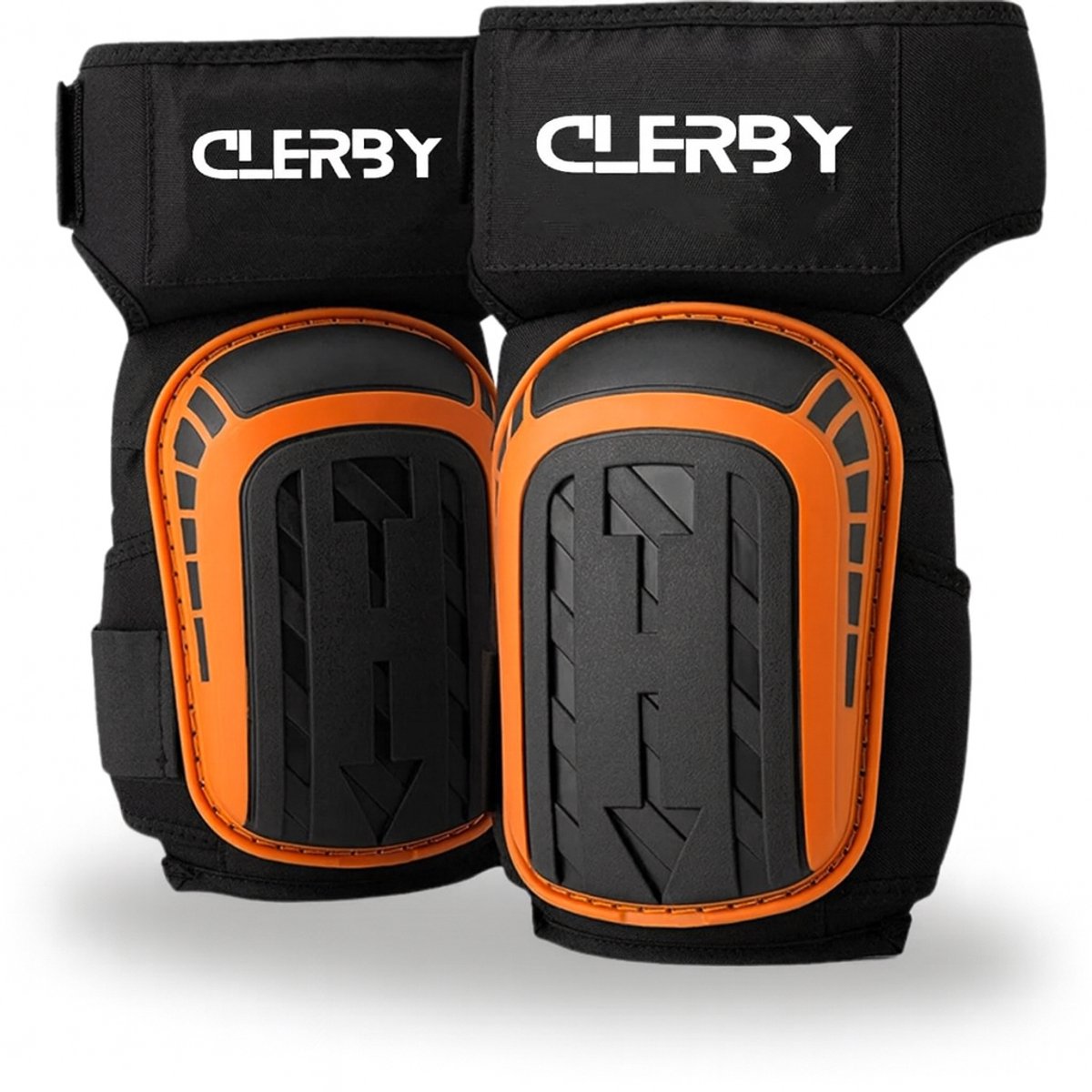 Een paar zwarte kniebeschermers met oranje versteviging en het 'CLERBY'-logo.