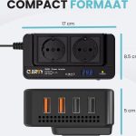 Afmetingen Clerby 200W power inverter: 17 cm breed, 8.5 cm hoog met twee stopcontacten en 5 cm hoog met vier USB-poorten.