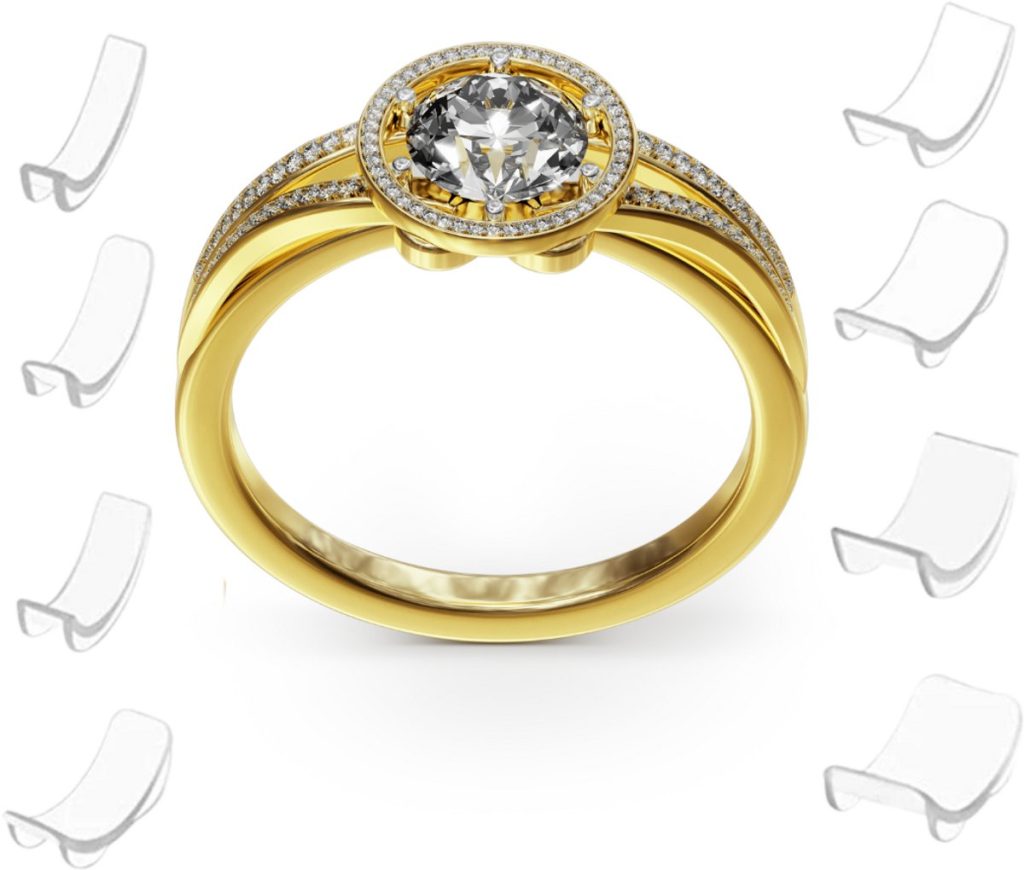 Gouden ring met een ronde halo van diamanten, met een grote centrale diamant. Omringd door doorzichtige ringverkleiners.