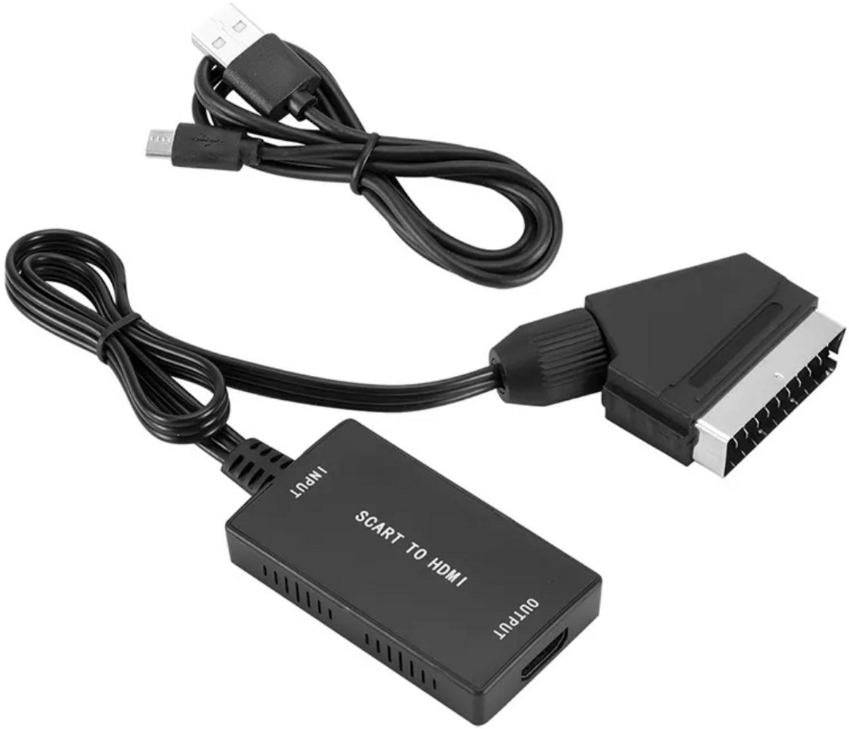 Zwarte SCART naar HDMI adapter met een zwarte USB-kabel.