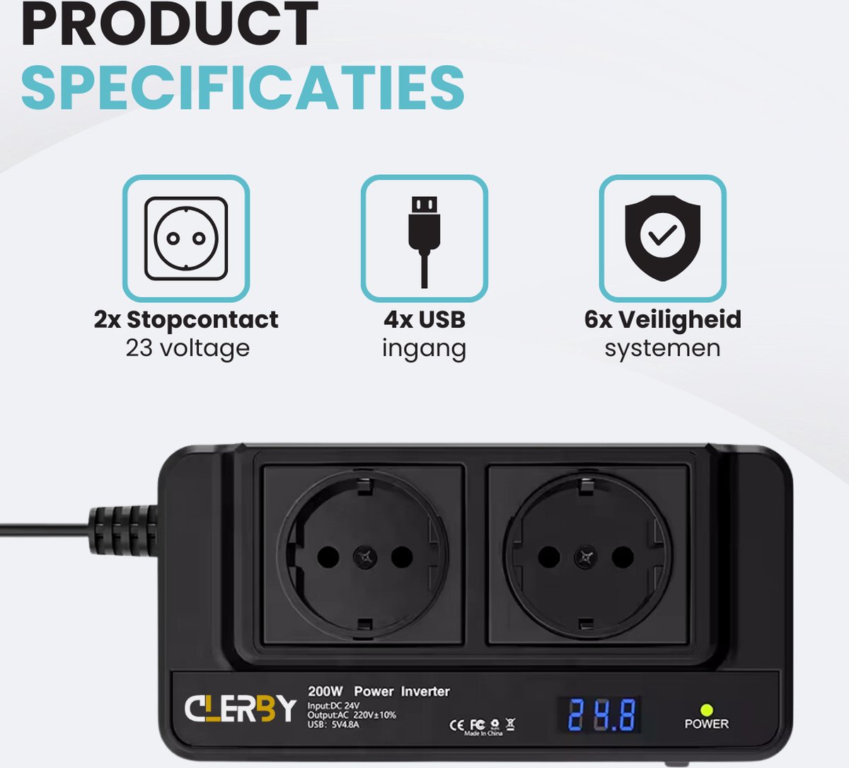 Product specificaties Clerby 200W power inverter: 2x stopcontact, 4x USB ingang, 6x veiligheidssystemen en display.