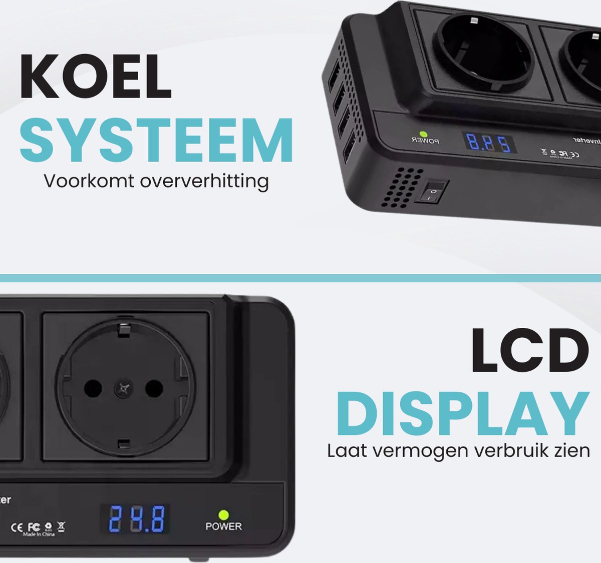 Zwarte Clerby power inverter met twee stopcontacten, vier USB-poorten en LCD display dat het verbruik laat zien.
