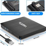 Zwarte Clerby externe DVD-speler met afmetingen 14,4 cm x 14,4 cm x 1,8 cm en USB-kabel van 25 cm.