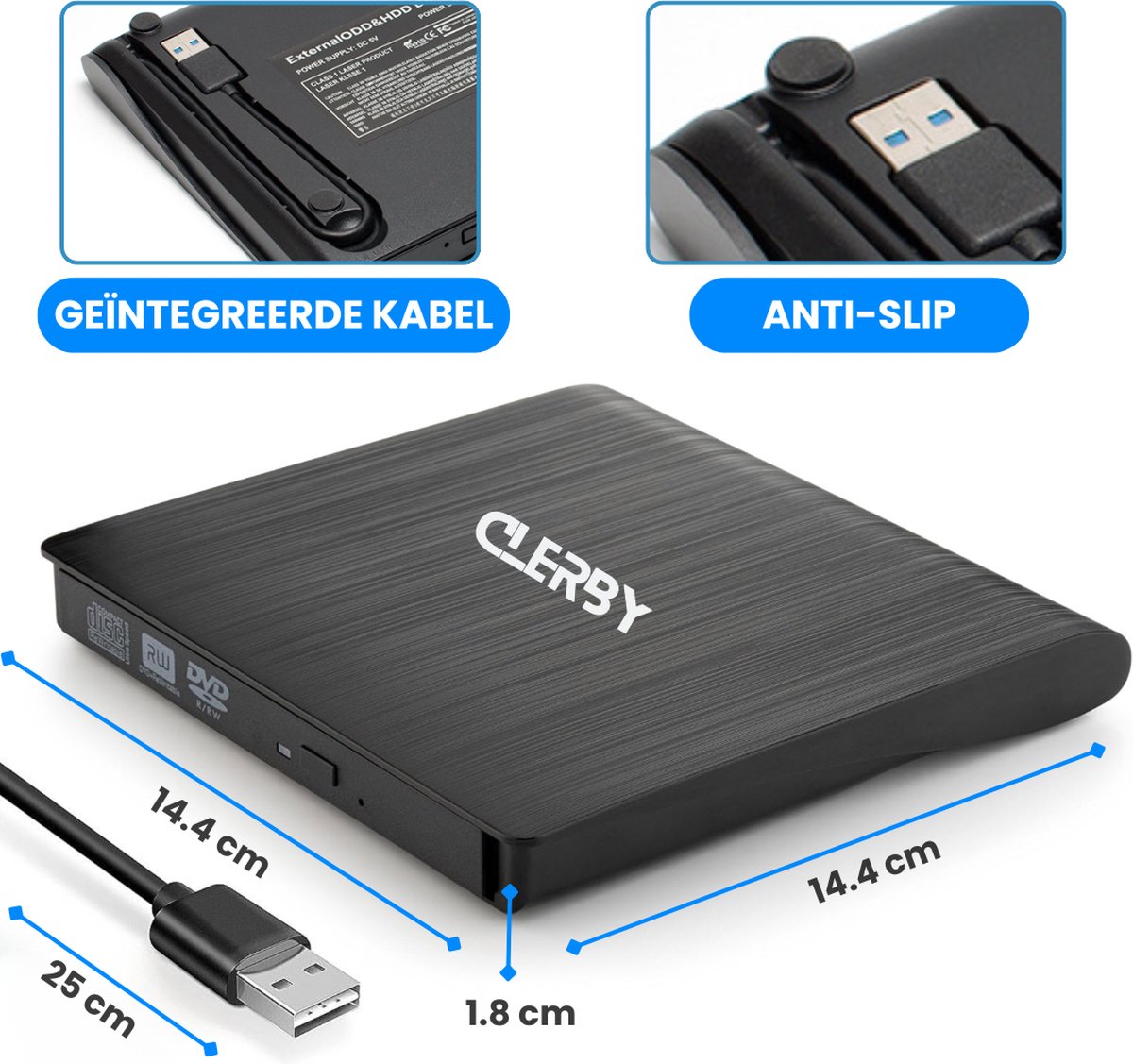 Zwarte Clerby externe DVD-speler met afmetingen 14,4 cm x 14,4 cm x 1,8 cm en USB-kabel van 25 cm.