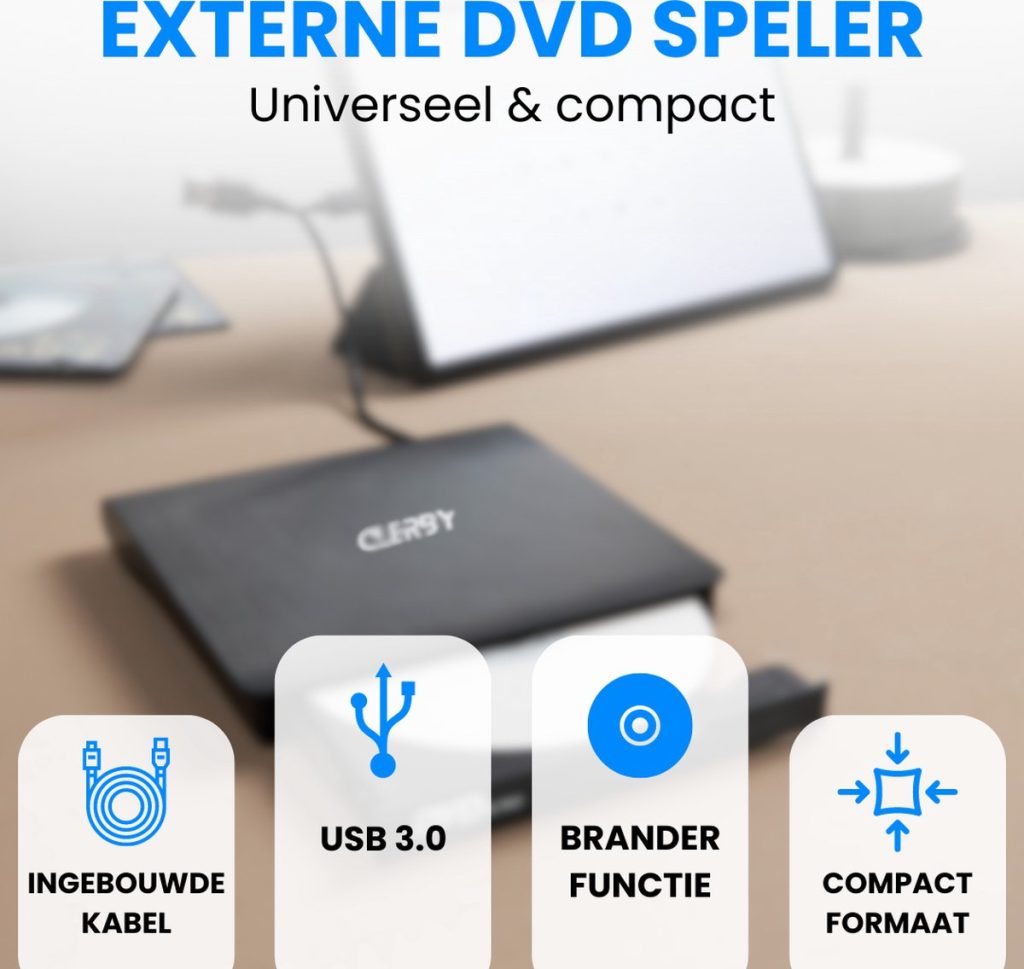 Zwarte Clerby externe DVD-speler met "Externe DVD speler" tekst, "USB 3.0", "Brander functie" en "Compact formaat" iconen.
