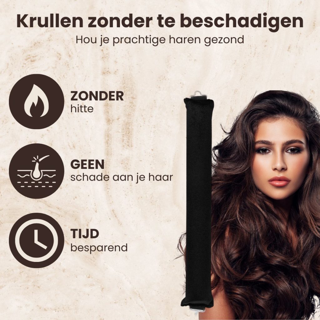 Een zwarte, flexibele haarroller met clips, ideaal voor krullen zonder hitte, zonder schade aan het haar en tijdbesparend. Naast de roller, een close-up van een vrouw met lange, golvende bruine lokken.