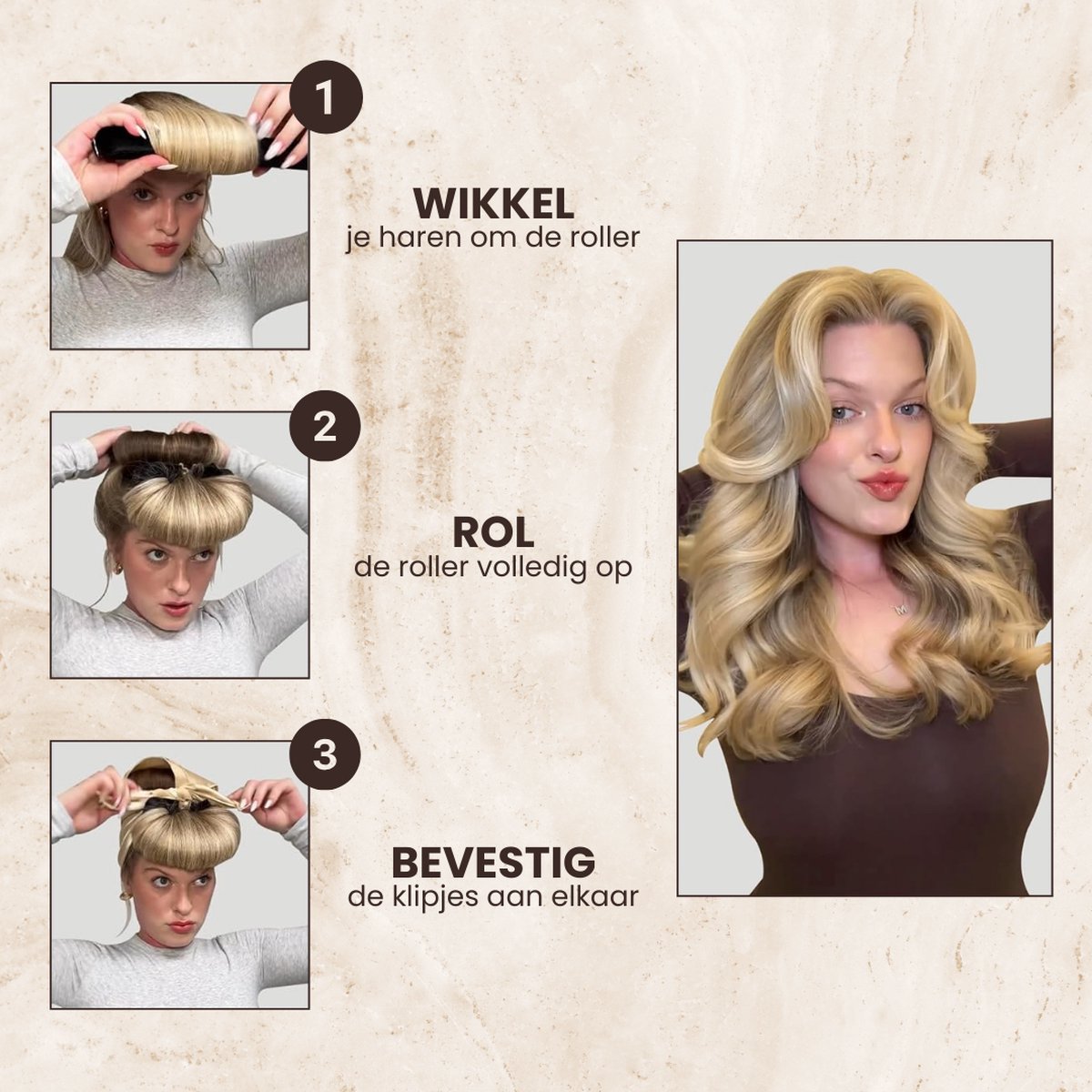 Instructies voor het gebruik van een haarroller: 1. Wikkel je haar om de roller. 2. Rol de roller volledig op. 3. Bevestig de klipjes aan elkaar. Rechts: een vrouw met volumineuze blonde lokken.