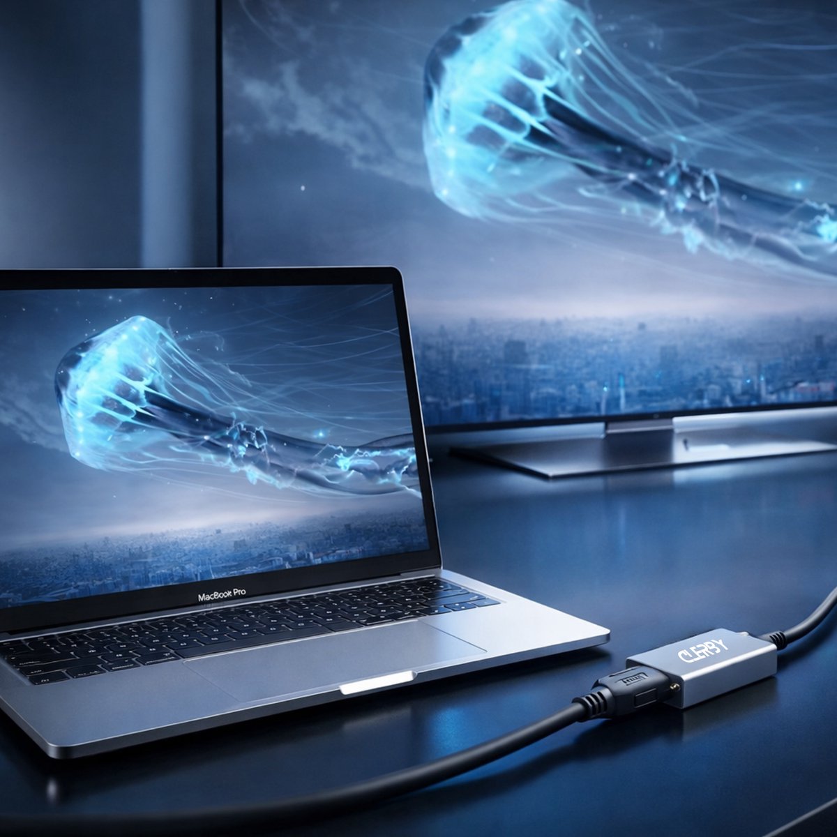 Een zilverkleurige Clerby HDMI-adapter is aangesloten op een laptop, die is verbonden met een groot scherm met een jellyfish-afbeelding.