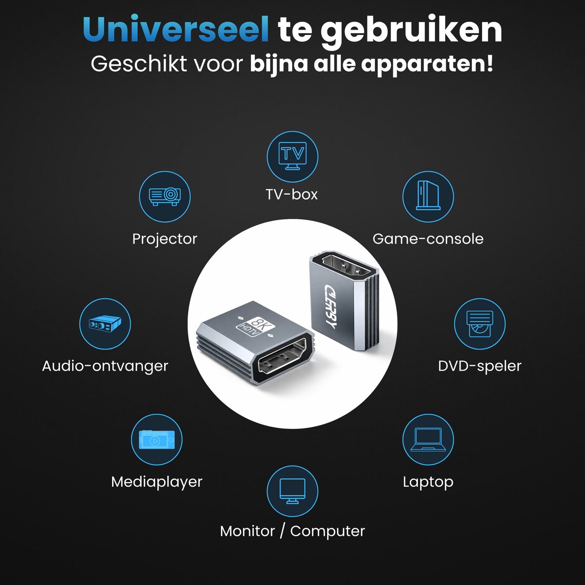 Een adapter in het midden, omringd door iconen van een TV, gameconsole, laptop, audioreceiver, mediaplayer, projector en DVD-speler.
