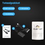 Compleet pakket met SCART naar HDMI adapter, USB oplader, handleiding en een Clery verpakking.