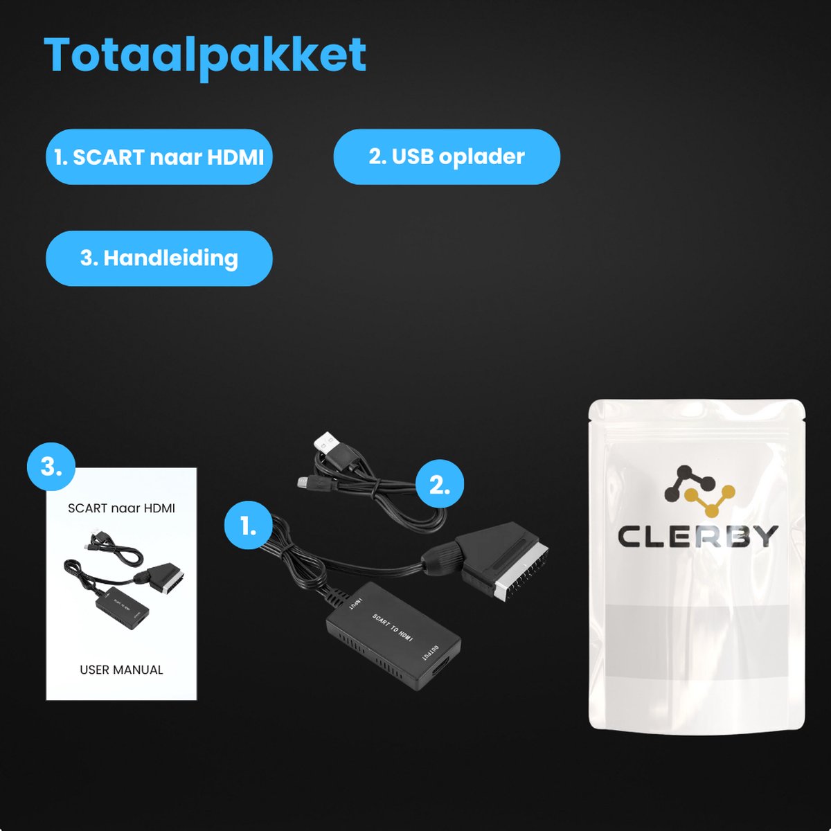 Compleet pakket met SCART naar HDMI adapter, USB oplader, handleiding en een Clery verpakking.