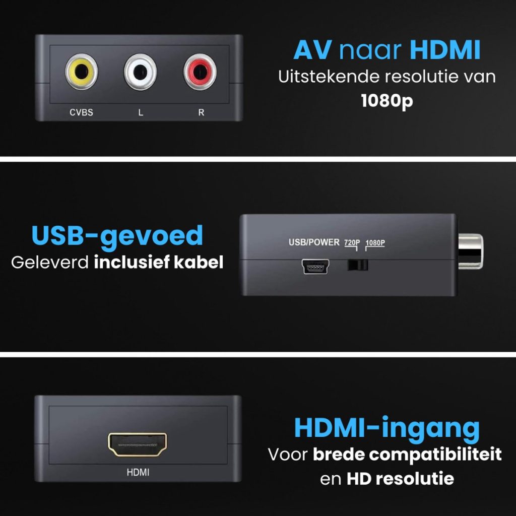 Zwarte adapter met CVBS, L, en R ingangen aan de ene kant en USB/POWER met 720P/1080P instelling en HDMI-uitgang aan de andere kant.