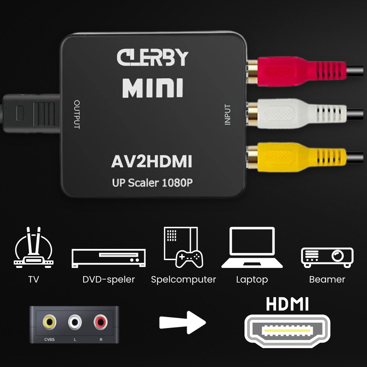 Zwarte 'Clerby MINI AV2HDMI UP Scaler 1080P' adapter met rode, witte en gele tulp-ingangen, aangesloten op HDMI-uitgang.