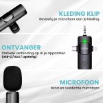 Zwarte microfoon met kledingclip, ontvanger met USB-C/AUX/Lightning en wind/ruisichte microfoon.
