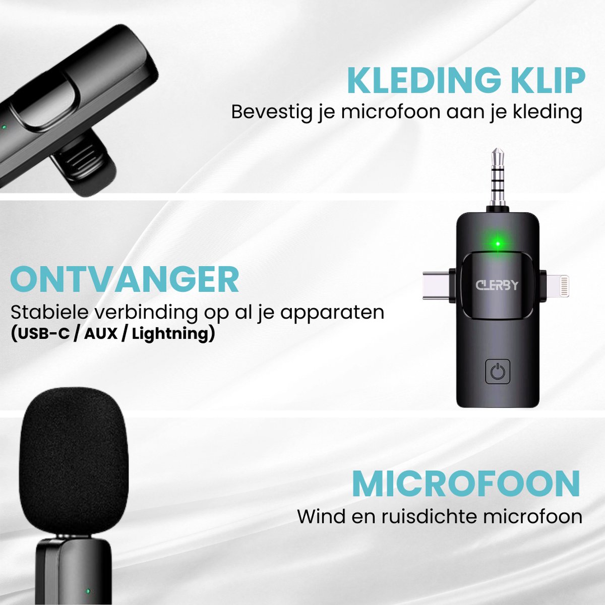 Zwarte microfoon met kledingclip, ontvanger met USB-C/AUX/Lightning en wind/ruisichte microfoon.