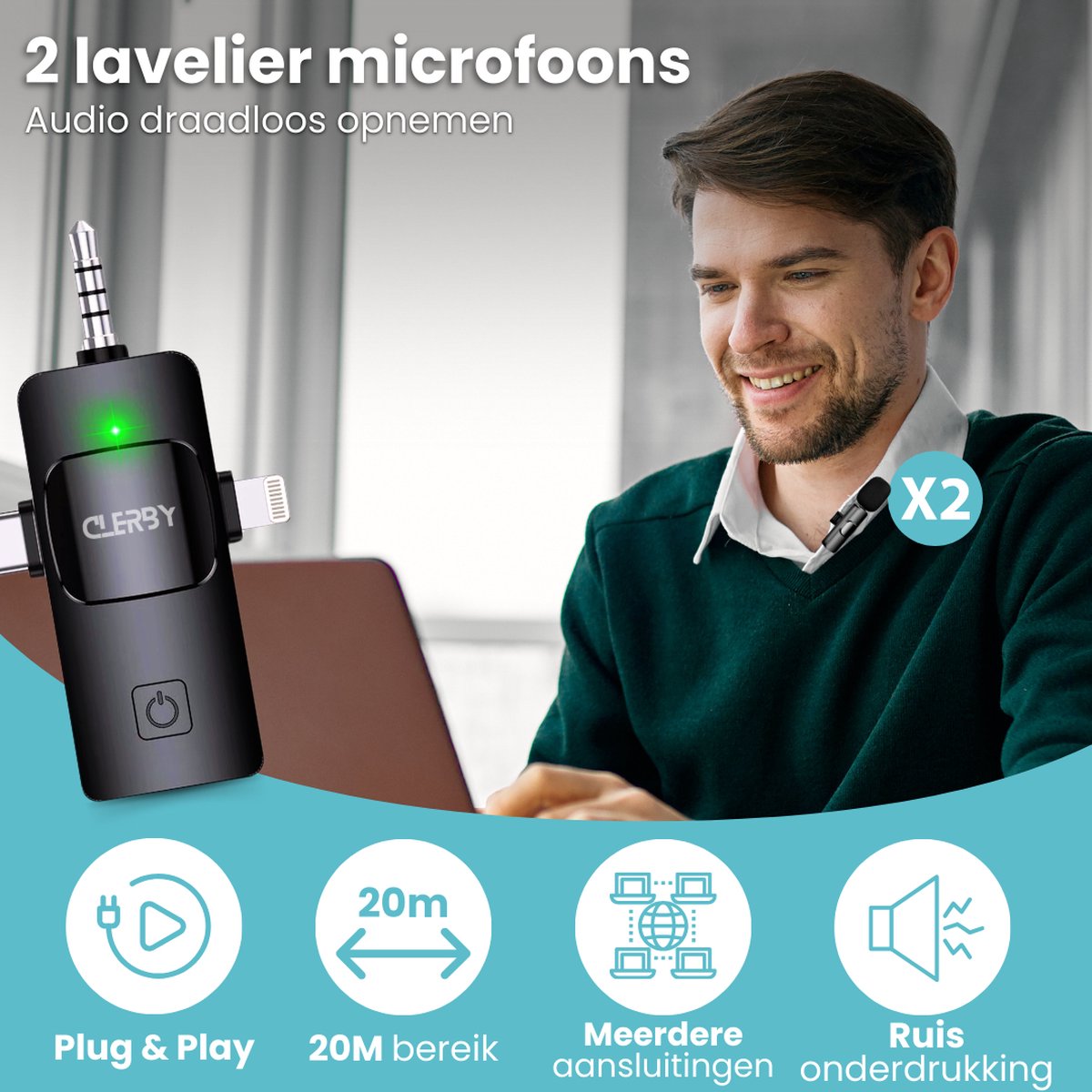 Man met Clerby microfoon en laptop. 2 microfoons, 20m bereik, Plug & Play, meervoudige aansluitingen, ruisonderdrukking.