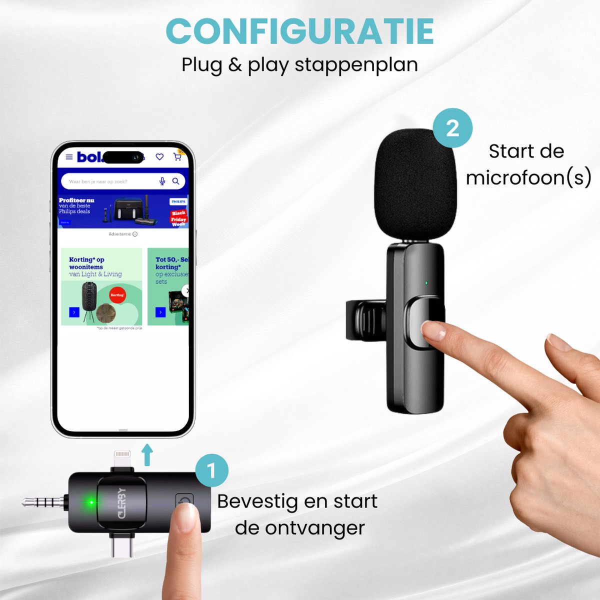 Configuratie Clerby microfoon: Bevestig en start ontvanger (1), start microfoon(s) (2). Smartphone met Bol.com.