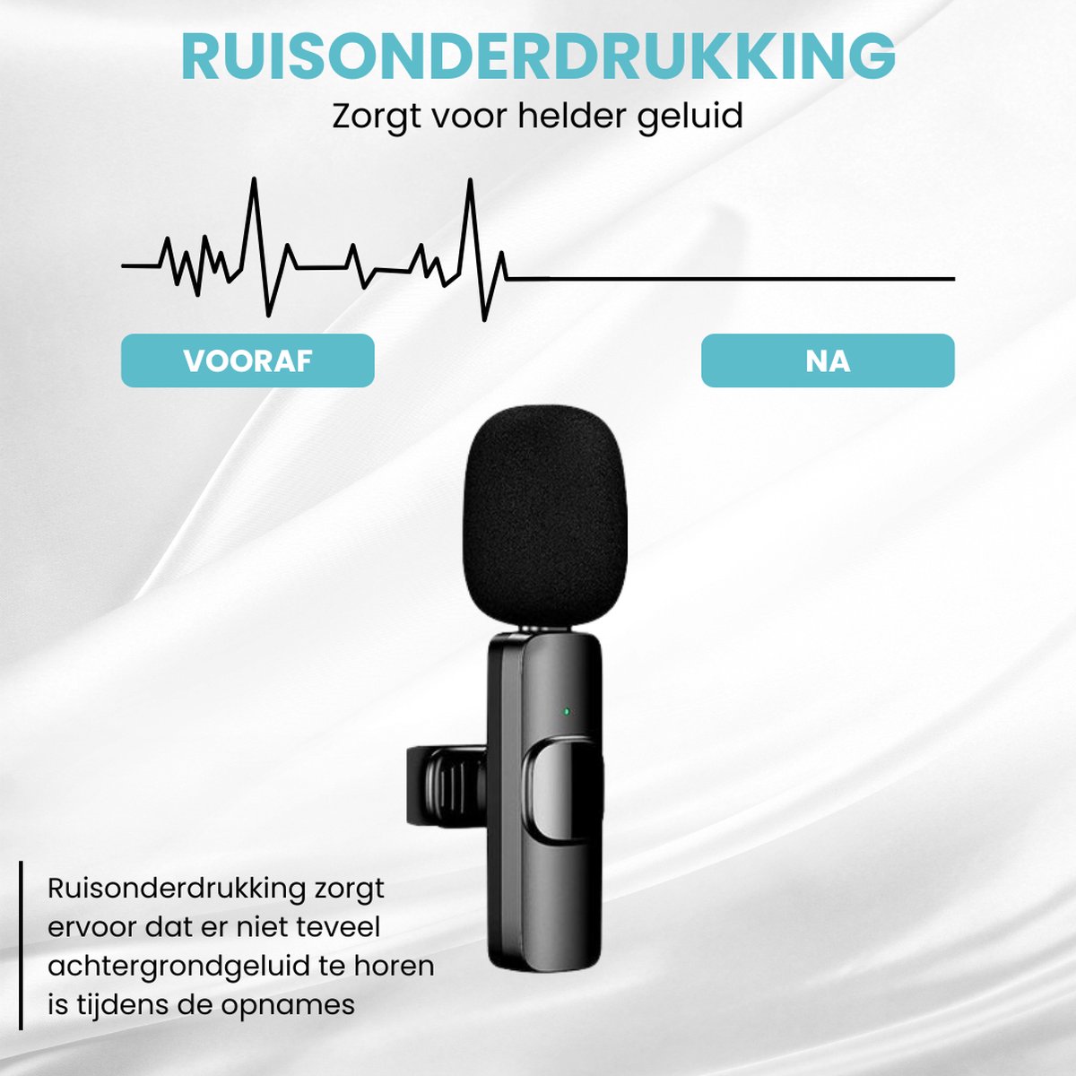 Zwart dasspeld microfoon met ruisonderdrukking. 'Vooraf' en 'Na' grafiek van geluidskwaliteit.