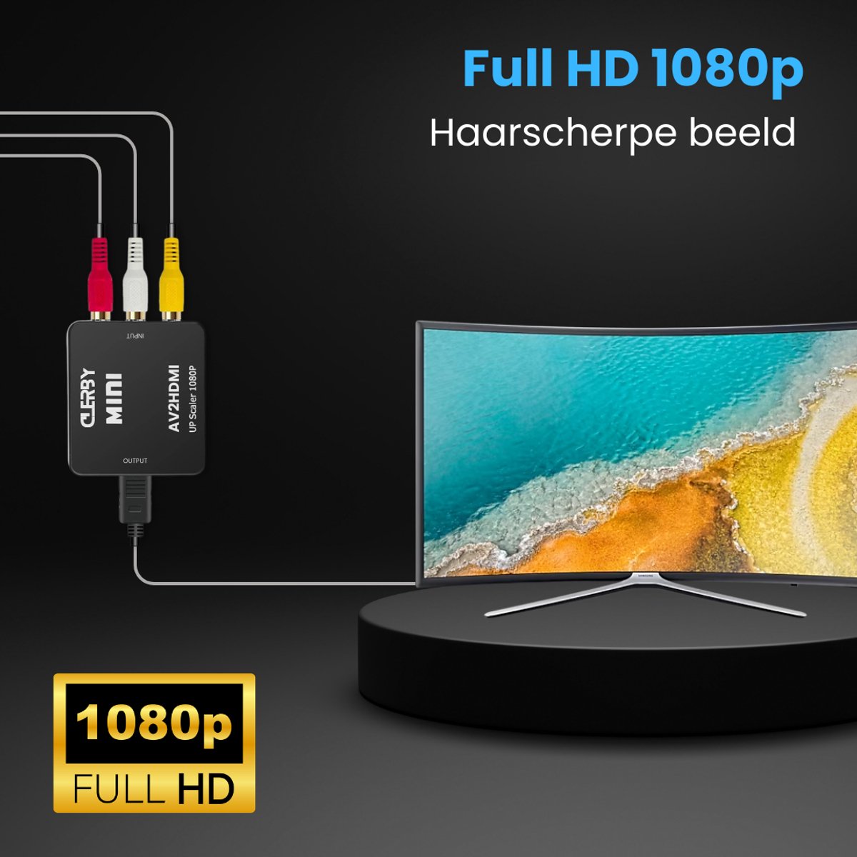 Zwarte 'Clerby MINI AV2HDMI UP Scaler 1080P' adapter met aangesloten tulpenkabels en outputkabel, toont verbinding met gebogen HD-tv.