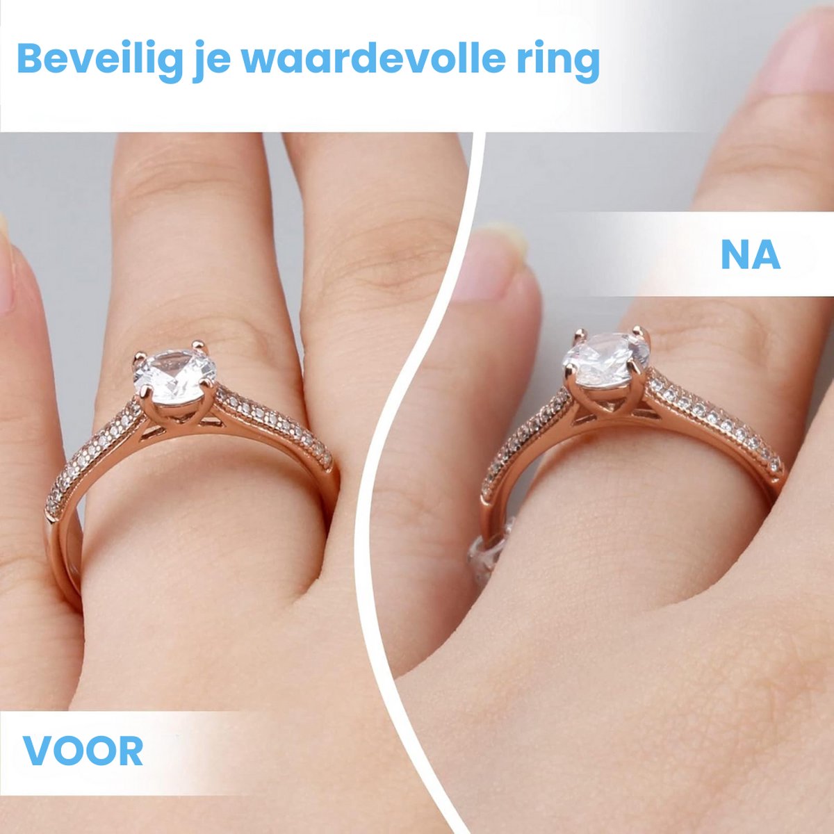 Vóór en na de ringverkleiner op een ring om de vinger. De ring zit beter met de verkleiner.