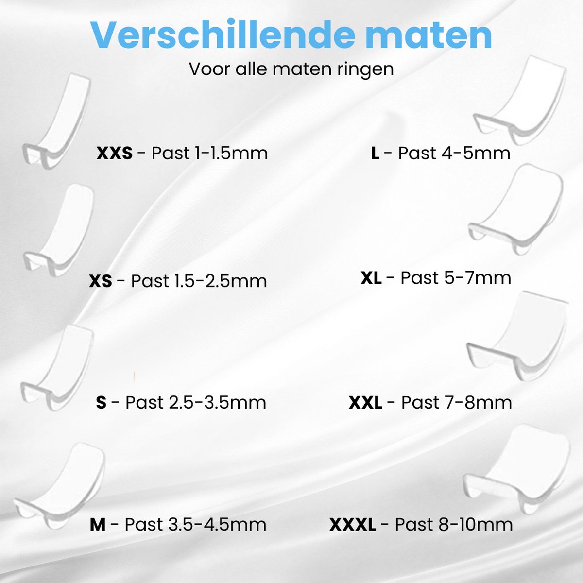 Diagram met 8 doorzichtige ringverkleiners, met de maten XXS tot XXXL en de bijbehorende ringbreedtes.