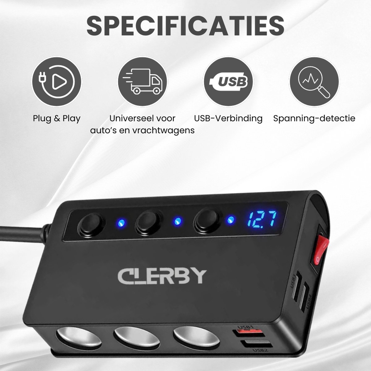 Zwarte sigarettenaansteker splitter met 4 USB-poorten en 3 aansluitingen, aangesloten op een auto-aansteker. Met de tekst "CLERBY", blauwe LED-lampjes en een voltage meter van 12.7. Iconen voor "Plug & Play", "Universeel voor auto's en vrachtwagens", "USB-Verbinding", "Spanning-detectie".