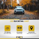Witte Range Rover geparkeerd op een bosweg in de herfst, met iconen voor 170° kijkhoek, 2K resolutie en GPS.