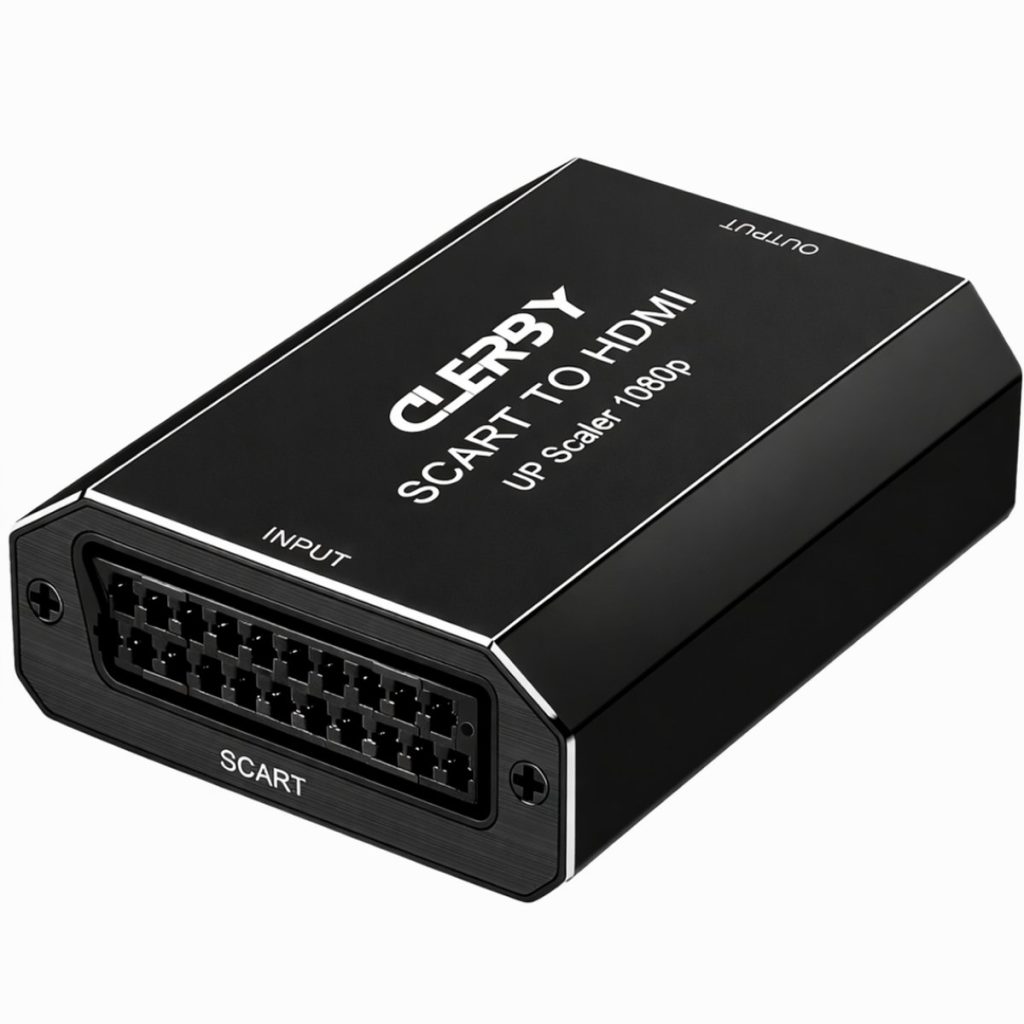 De zwarte Clerby SCART naar HDMI adapter, met de SCART ingang en HDMI uitgang prominent getoond.