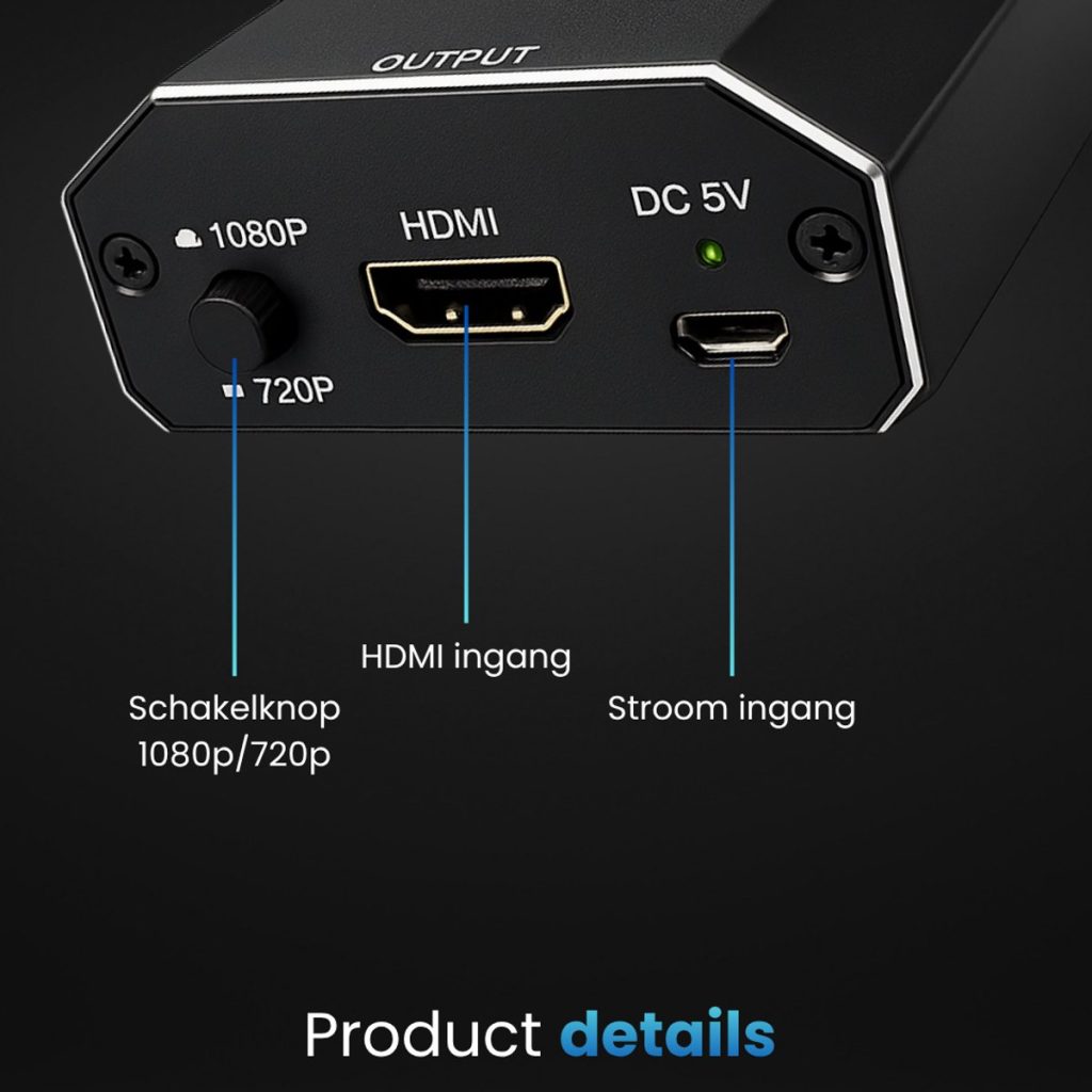 Close-up van de Clerby SCART naar HDMI adapter met 1080p/720p schakelaar, HDMI en stroom ingang.