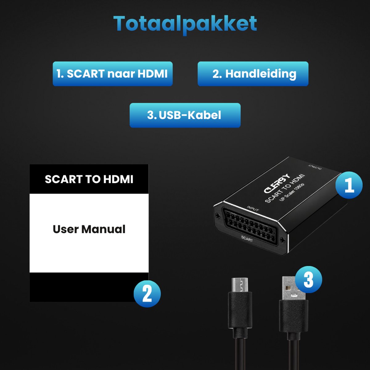 De Clerby SCART naar HDMI adapter, gebruikershandleiding en USB-kabel worden getoond.