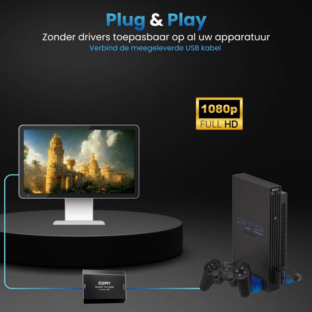Een Sony PlayStation 2 met controller is aangesloten op een adapter, die op zijn beurt verbonden is met een monitor met een fantasy-landschap.