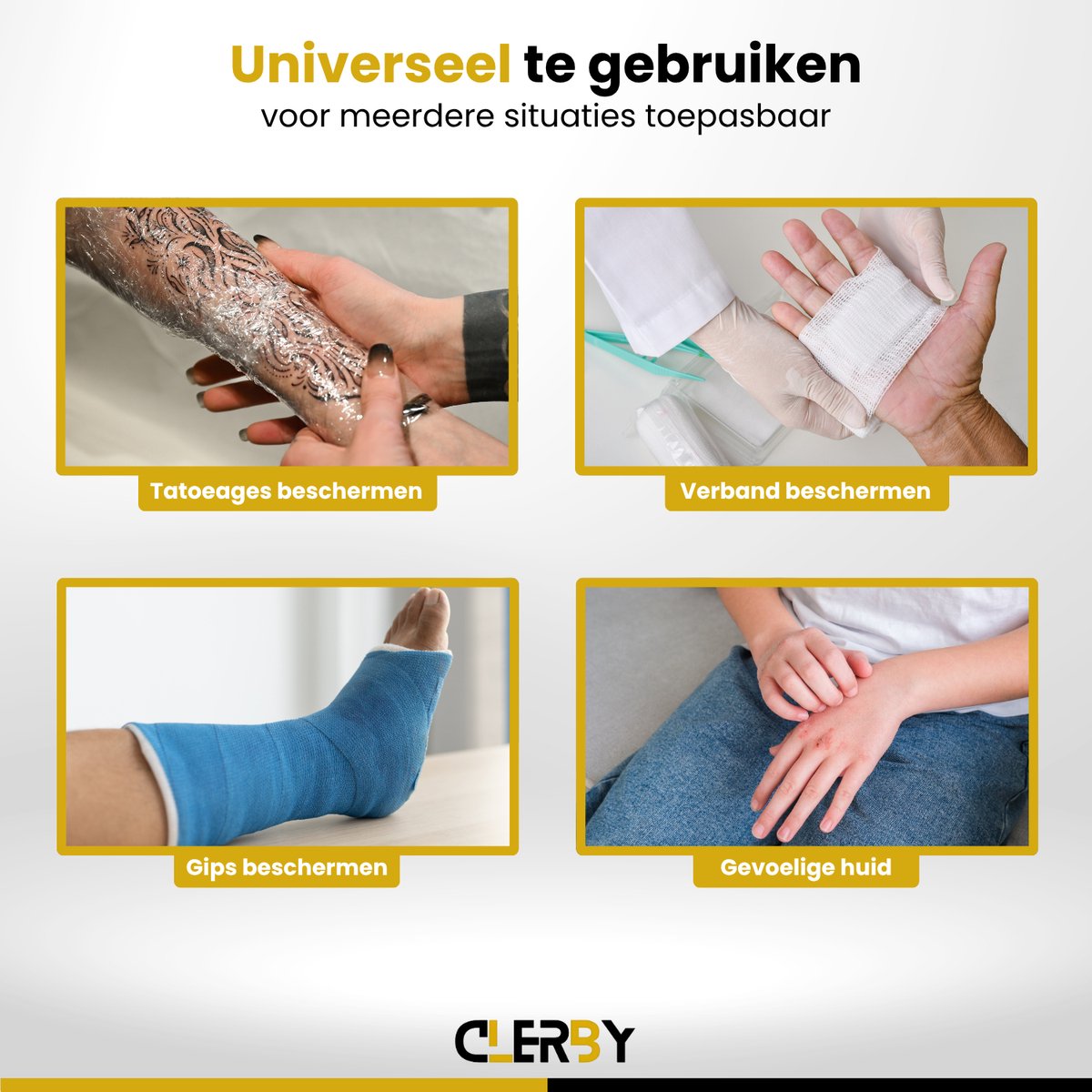 Vier afbeeldingen van bescherming: tatoeages, verband, gips en gevoelige huid.